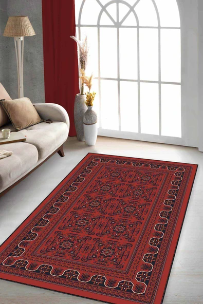 Bordo Karabağ Kaymaz Tabanlı Makinede Yıkanabilir Halı RV353 ürün görseli 1