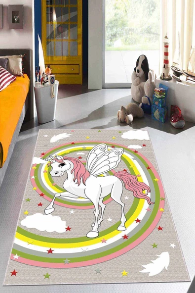 Çok Renkli Kaymaz Tabanlı Yıkanır Unicorn Çocuk Halısı KD57 ürün görseli 1