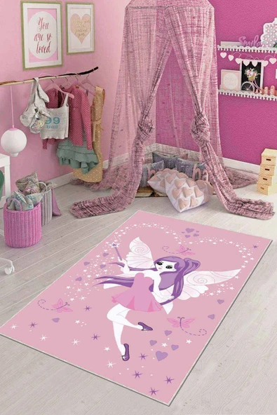 Pembe Kaymaz Tabanlı Yıkanabilir Prensesli Çocuk Halısı KD67 ürün görseli 1