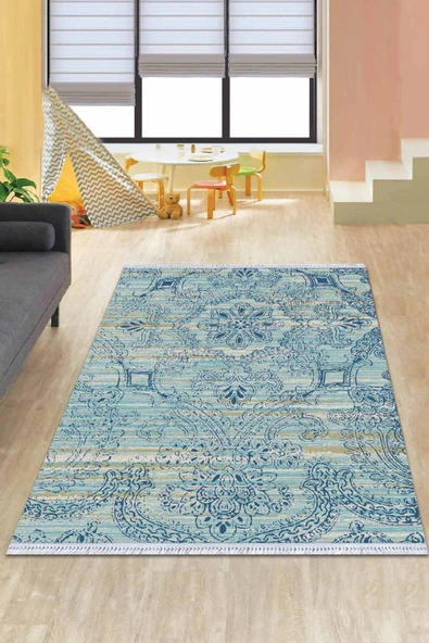 Mavi Modern Dokuma Pamuk Tabanlı Kaymaz Kilim KLM047 ürün görseli 1