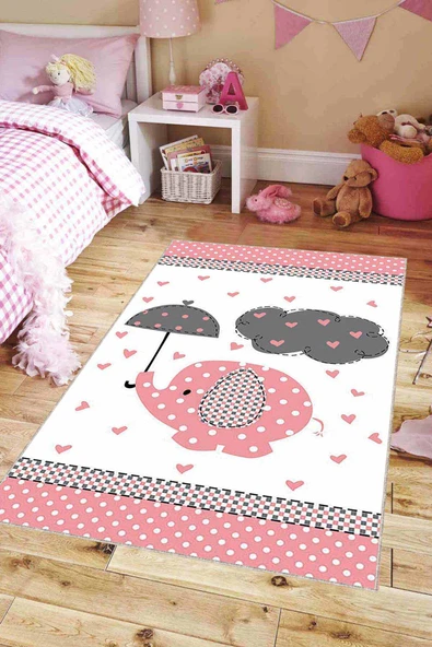Pembe Kaymaz Tabanlı Filli Bebek Halıları Bebek Halısı KD19 ürün görseli 1