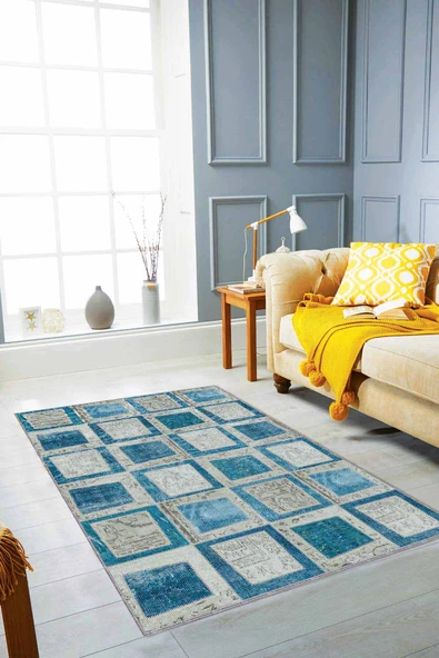 Turkuaz Patchwork Kaymaz Tabanlı Dekoratif Halı RV224 ürün görseli 1
