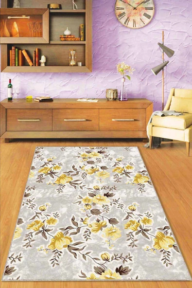 Sarı Çiçekli Kaymaz Tabanlı Makinede Yıkanabilir Halı BH01 ürün görseli 1