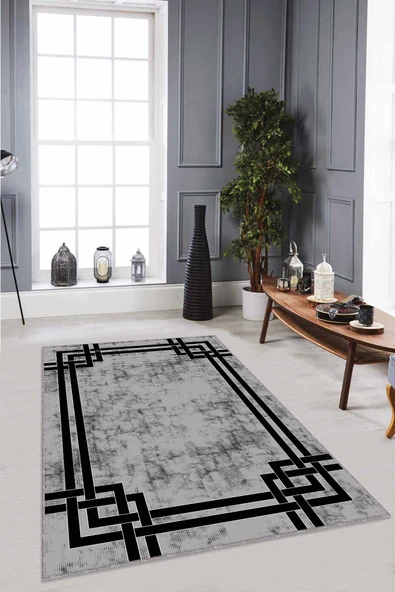 Gri Çerçeveli Kaymaz Tabanlı Makinede Yıkanabilir Halı RV069 ürün görseli 1