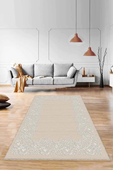 Bej Çerçeveli Kaymaz Tabanlı Makinede Yıkanabilir Halı MK55 ürün görseli 1