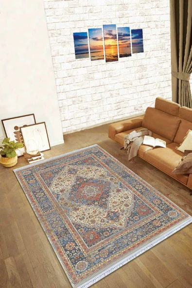 Renkli Klasik Göbekli Dokuma Pamuk Taban Kaymaz Kilim KLM229 ürün görseli 1