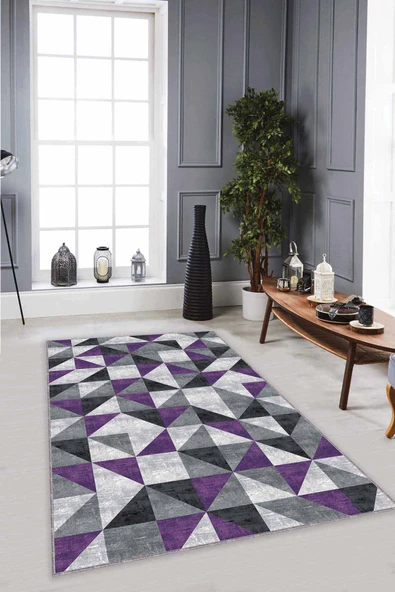 Mor Geometrik Kaymaz Tabanlı Makinede Yıkanabilir Halı PR05 ürün görseli 1