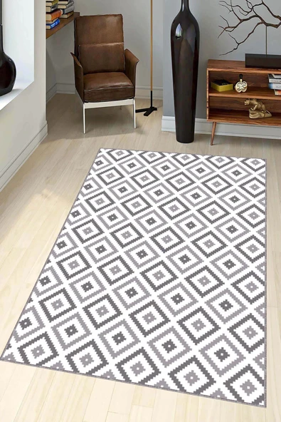 Koyu Gri Karo Kaymaz Taban Makinede Yıkanabilir Halı KR002 ürün görseli 1
