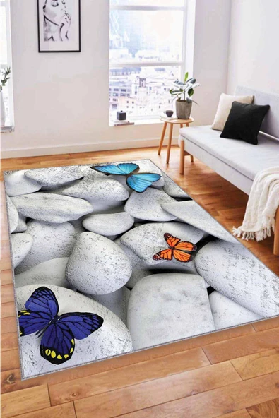 Kırk Beyaz Kelebek Desenli 3D Kaymaz Tabanlı Halı RV362 ürün görseli 1