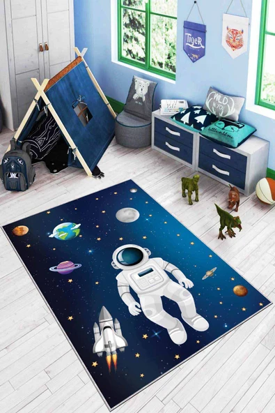 Lacivert Kaymaz Tabanlı Uzay Astronotlu Çocuk Halısı AR172 ürün görseli 1
