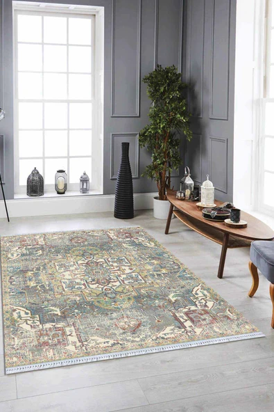 Çok Renkli Vintage Dokuma Pamuk Taban Kaymaz Kilim KLM182 ürün görseli 1