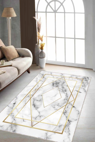 Krem Gold Çerçeveli Kaymaz Tabanlı Dekoratif Halı RV004 ürün görseli 1