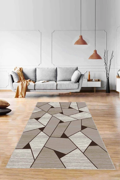 Bej Geometrik Kaymaz Tabanlı Makinede Yıkanabilir Halı WL08 ürün görseli 1