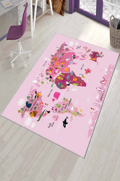 Pembe Kaymaz Taban Dünya Haritası Eğitici Çocuk Halısı AR242 ürün görseli 1