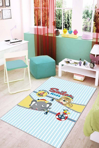 Mavi Kaymaz Tabanlı Yıkanabilir Denizci Bebek Halısı AR026 ürün görseli 1