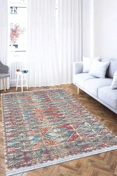 Çok Renkli Vintage Dokuma Pamuk Taban Kaymaz Kilim KLM181 ürün görseli 1