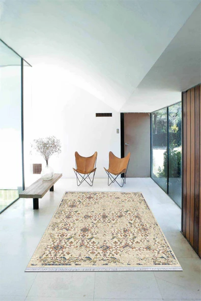 Krem Modern Dokuma Pamuk Tabanlı Kaymaz Kilim KLM078 ürün görseli 1
