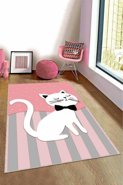 Pembe Kaymaz Tabanlı Yıkanabilir Kedili Çocuk Halısı KD005 ürün görseli 1