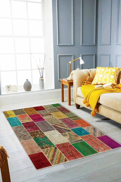 Çok Renkli Patchwork Kaymaz Tabanlı Dekoratif Halı RV221 ürün görseli 1