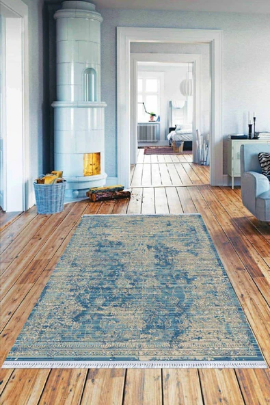 Mavi Modern Dokuma Pamuk Tabanlı Kaymaz Kilim KLM008 ürün görseli 1