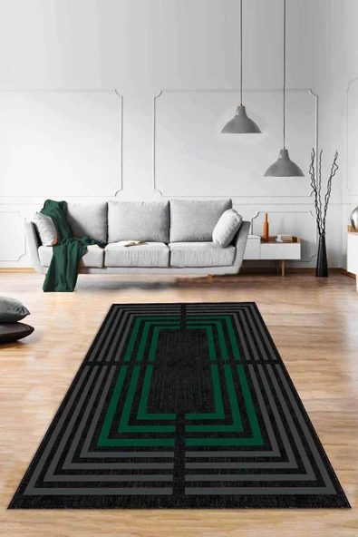 Yeşil Çerçeveli Kaymaz Taban Makinede Yıkanabilir Halı RV096 ürün görseli 1