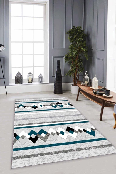 Zümrüt Zigzag Kaymaz Tabanlı Makinede Yıkanabilir Halı RT09 ürün görseli 1
