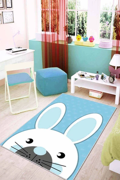 Mavi Yıkanabilir Kaymaz Tabanlı Tavşanlı Bebek Halısı KD04 ürün görseli 1