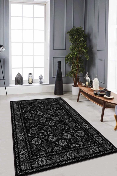 Siyah Vintage Kaymaz Tabanlı Makinede Yıkanabilir Halı RV289 ürün görseli 1