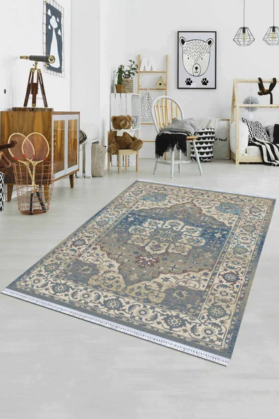 Mavi Klasik Göbekli Dokuma Pamuk Taban Kaymaz Kilim KLM155 ürün görseli 1
