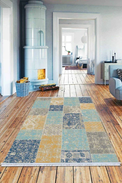 Çok Renkli Patchwork Dokuma Pamuk Taban Kaymaz Kilim KLM069 ürün görseli 1