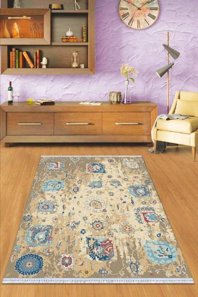 Bej Vintage Dokuma Pamuk Tabanlı Kaymaz Kilim KLM301 ürün görseli 1