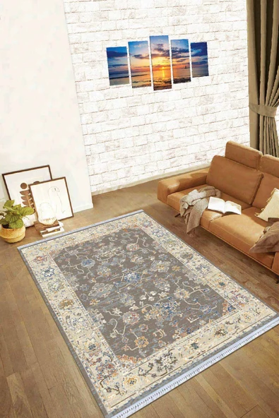 Gri Çerçeveli Dokuma Pamuk Tabanlı Kaymaz Kilim KLM035 ürün görseli 1