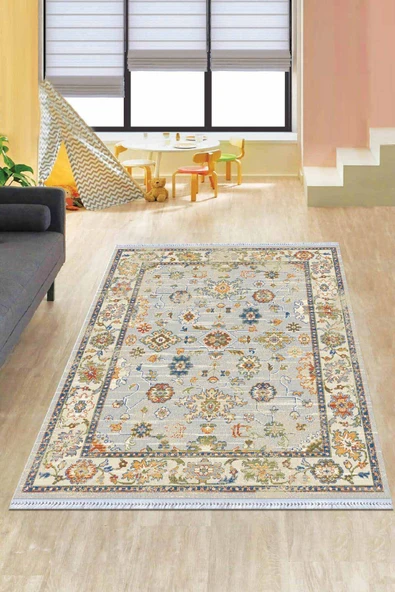 Krem Çerçeveli Dokuma Pamuk Taban Kaymaz Kilim KLM036 ürün görseli 1