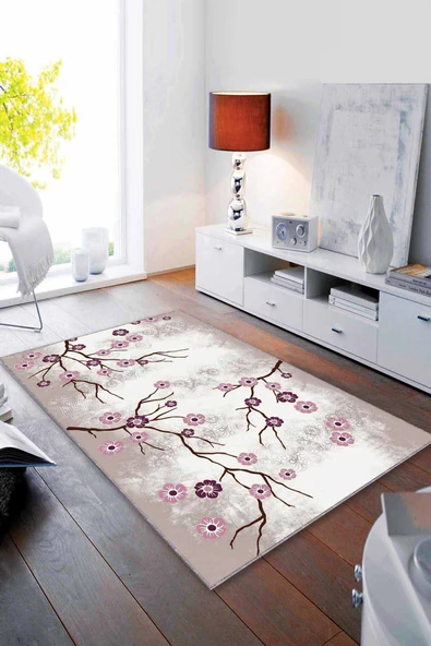 Mürdüm Çiçekli Kaymaz Taban Makinede Yıkanabilir Halı FW005 ürün görseli 1