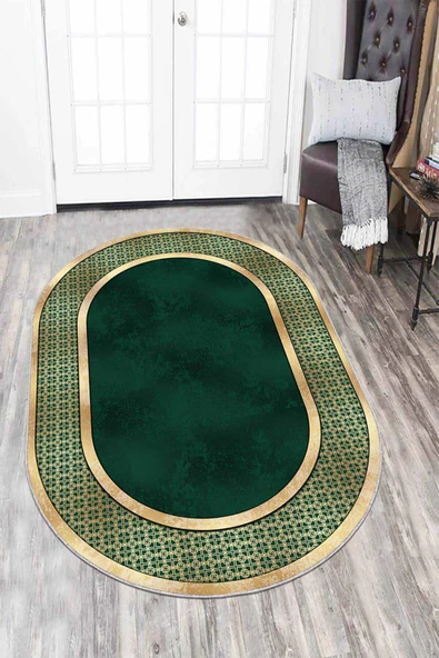 Yeşil Gold Çerçeveli Kaymaz Tabanlı Antre Halısı Oval AR731 ürün görseli 1