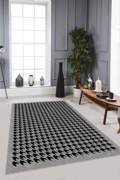 Gri Kazayağı Kaymaz Tabanlı Makinede Yıkanabilir Halı RV177 ürün görseli 1