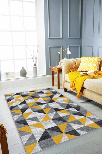 Sarı Geometrik Kaymaz Tabanlı Makinede Yıkanabilir Halı PR07 ürün görseli 1