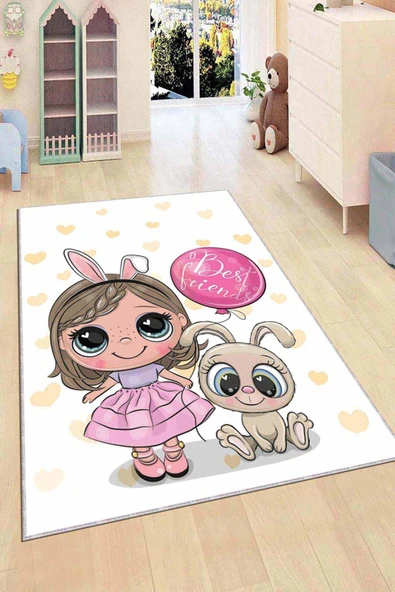 Pembe Kaymaz Tabanlı Yıkanır Prensesli Çocuk Halısı AR056 ürün görseli 1