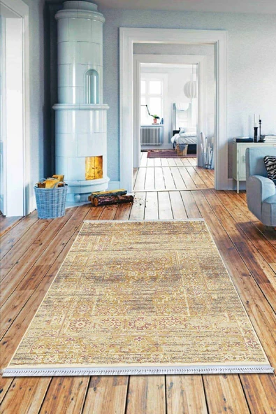 Sarı Modern Dokuma Pamuk Tabanlı Kaymaz Kilim KLM098 ürün görseli 1