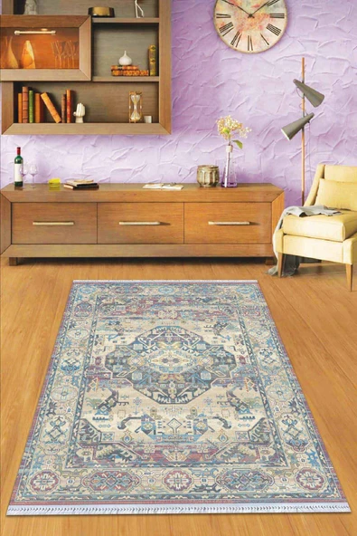 Mavi Klasik Göbekli Dokuma Pamuk Taban Kaymaz Kilim KLM278 ürün görseli 1