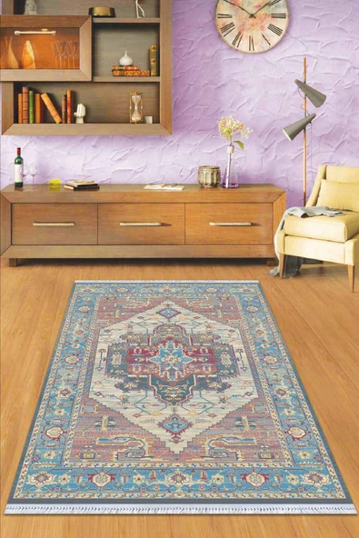 Mavi Klasik Göbekli Dokuma Pamuk Taban Kaymaz Kilim KLM272 ürün görseli 1