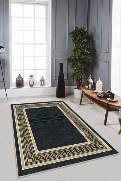 Siyah Gold Çerçeveli Kaymaz Tabanlı Dekoratif Halı RV029 ürün görseli 1