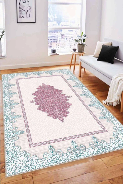 Pembe Klasik Göbekli Kaymaz Tabanlı Dekoratif Halı MK76 ürün görseli 1