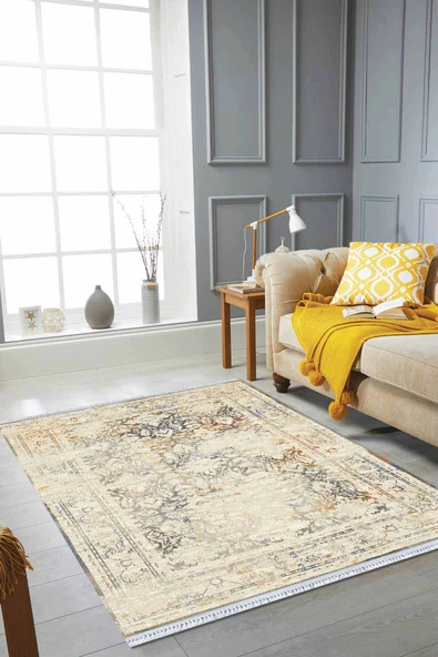 Krem Vintage Dokuma Pamuk Tabanlı Kaymaz Kilim KLM115 ürün görseli 1