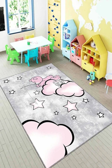 Pembe Kaymaz Tabanlı Yıkanabilir Ayıcıklı Çocuk Halısı KD023 ürün görseli 1