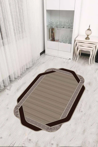 Kahverengi Çerçeveli Kaymaz Tabanlı Lazer Kesim Halı RV309 ürün görseli 1