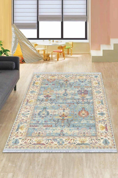 Mavi Çerçeveli Dokuma Pamuk Taban Kaymaz Kilim KLM294 ürün görseli 1