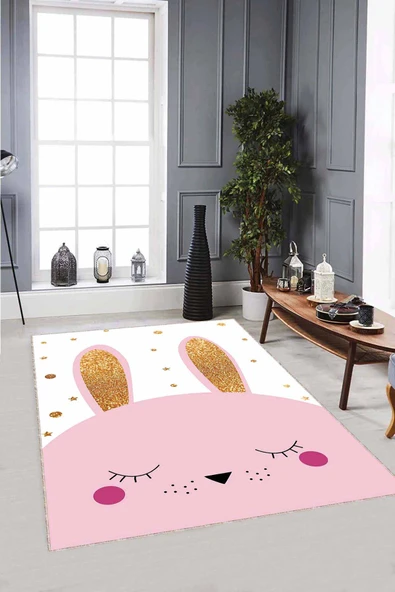 Pembe Yıkanabilir Kaymaz Tabanlı Tavşanlı Bebek Halısı AR826 ürün görseli 1