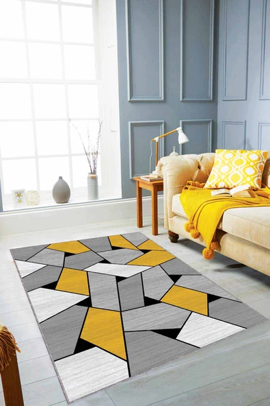 Sarı Geometrik Kaymaz Tabanlı Makinede Yıkanabilir Halı WL02 ürün görseli 1