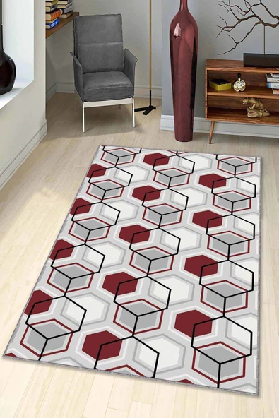 Bordo Petek Kaymaz Tabanlı Makinede Yıkanabilir Halı BE01 ürün görseli 1